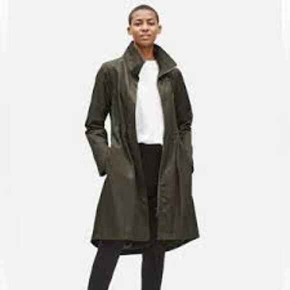 EILEEN FISHER Organic Cotton Stand Collar Long Jacket WATERPROOF Size XS Olive - Picture 1 of 9